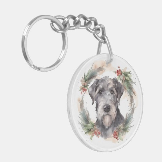 Wolfhound Kerstkrans Feestelijke Pup Sleutelhanger (Voorkant Links)
