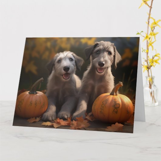 Wolfhound Puppy Herfst Plezier Pompoen Kaart (Gele Bloem)
