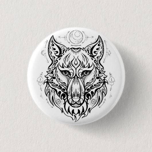 Wolfkop met etnische versieringen ronde button 3,2 cm (Voorkant)