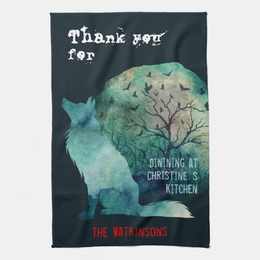 Wolfliefhebbers, donker blauwgroen esthetisch gebr theedoek (Verticaal)