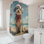 Wolfshond Dog Christmas  Beach Douchegordijn<br><div class="desc">Breng de warmte van de feestdagen naar de kust met dit charmante, op vintages geïnspireerde ontwerp met een feestelijke hond die op een sereen strand zit. Met een klassieke vakantietoets van nostalgische tinten en kustvibes, vangt dit kunstwerk de magie van Kerstmis door het zee. Perfect voor het verspreiden van feestvreugde,...</div>