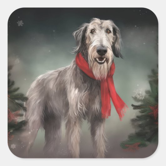 Wolfshond Hond in Sneeuw Kerstmis Vierkante Sticker (Voorkant)