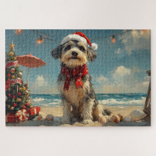 Wolfshond Hond Kerstmis Vintage Strand Legpuzzel (Horizontaal)