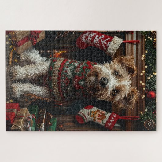 Wolfshond hond met kerstcadeaus open haard legpuzzel (Horizontaal)