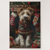 Wolfshond hond met kerstcadeaus open haard legpuzzel (Verticaal)