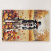 Wolfshond in herfstbladeren dankbaarheid kunst legpuzzel (Horizontaal)
