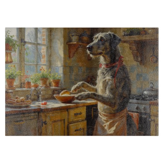 Wolfshond Kookt in Keuken Snijplank (Voorkant)