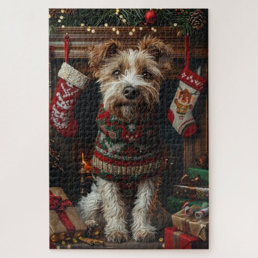 Wolfshond met kerstcadeaus bij de open haard legpuzzel (Verticaal)
