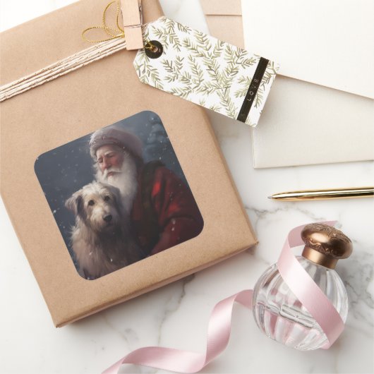 Wolfshond met Kerstman Feestelijke Kerst Vierkante Sticker (Geschenken)