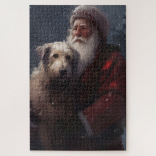 Wolfshond Met Kerstman Feestelijke Kerstmis Legpuzzel