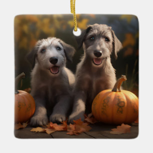 Wolfshond Puppy Herfst Plezier Pompoen Keramisch Ornament