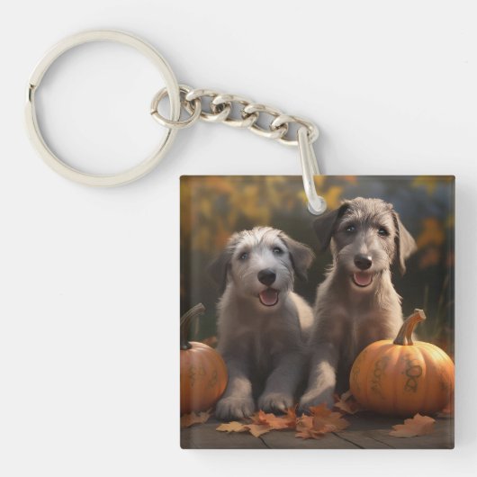 Wolfshond Puppy Herfst Plezier Pompoen Sleutelhanger (Voorkant)