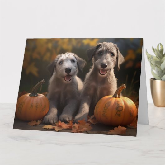 Wolfshond Puppy Herfstplezier Pompoen Kaart (Kleine Plant)