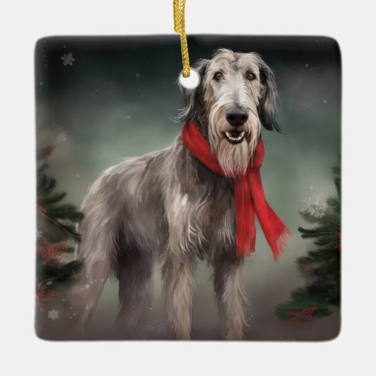 Wolfshondhond in Sneeuw Kerstmis Keramisch Ornament (Voorkant)