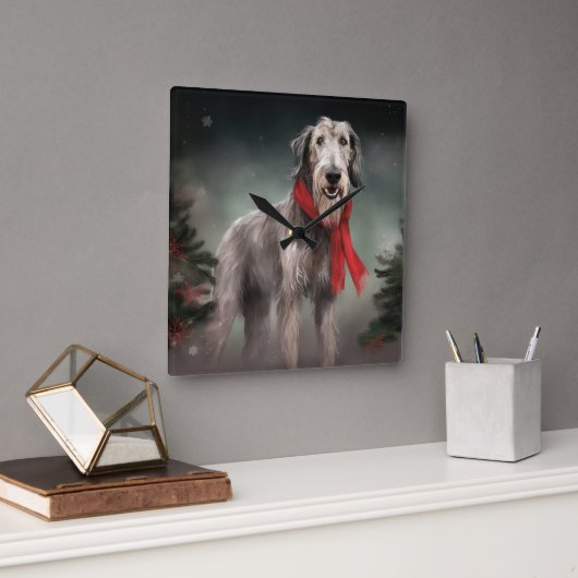 Wolfshondhond in Sneeuw Kerstmis Vierkante Klok (Kantoor)