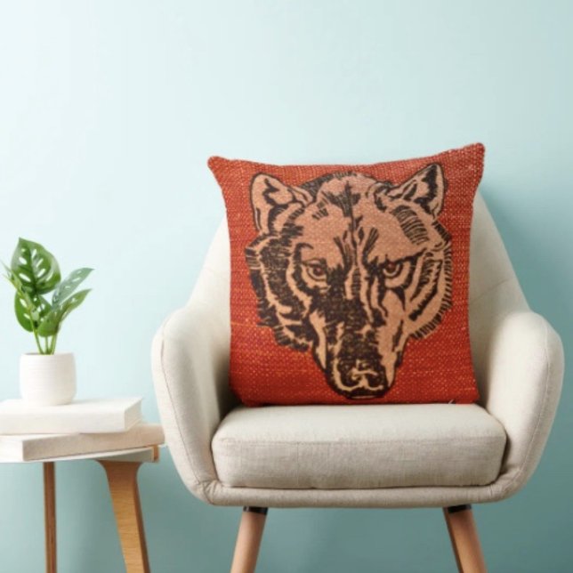 Wolfskop op Rood Kussen (Wolf Head on Red  Design pillow high quality 100% polyester hidden zipper enclosure.
)