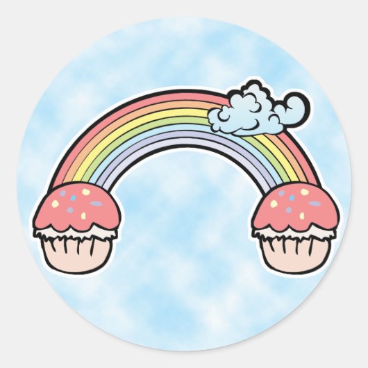 wolk achtergrond, Einde Regenboog Cupcakes Ronde Sticker (Voorkant)