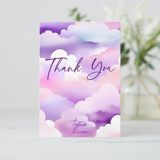 Wolk baby shower paarse wolken baby shower bedankkaart (Staand voorkant)
