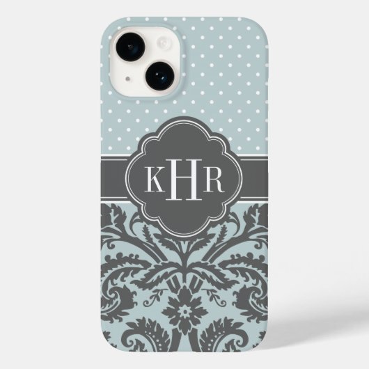 Wolk en Houtskool Grijs Damast Polka Dots Monogram Case-Mate iPhone Case (Achterkant)