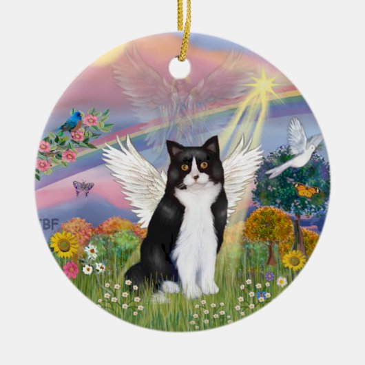 Wolk Engel - Zwart & Witte Kat Engel Keramisch Ornament (Voorkant)