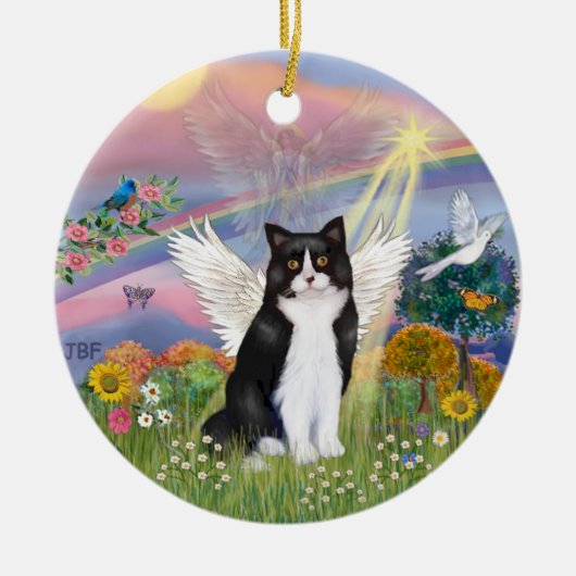 Wolk Engel - Zwarte & Witte Kat Engel Keramisch Ornament (Voorkant)