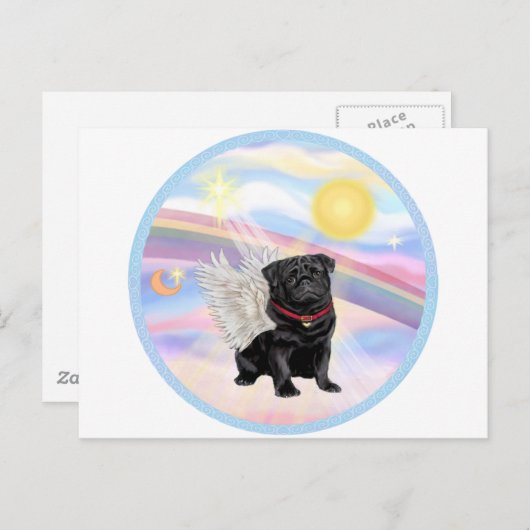 Wolken - Black Pug Angel Briefkaart (Voorkant / Achterkant)