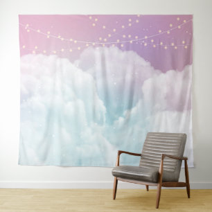 Wolken en Fairy Lights Waterverf Painted Pastel Wandkleed