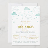 Wolken en hart Blauw en gouden Baby shower Kaart (Voorkant)