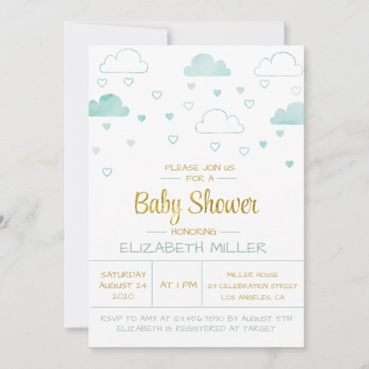 Wolken en hart Blauw en gouden Baby shower Kaart (Voorkant)