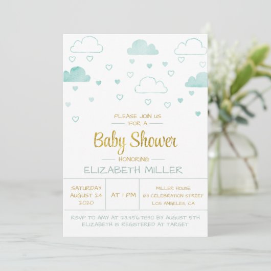 Wolken en hart Blauw en gouden Baby shower Kaart (Staand voorkant)