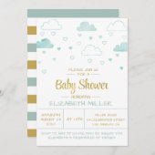 Wolken en hart Blauw en gouden Baby shower Kaart (Voorkant / Achterkant)