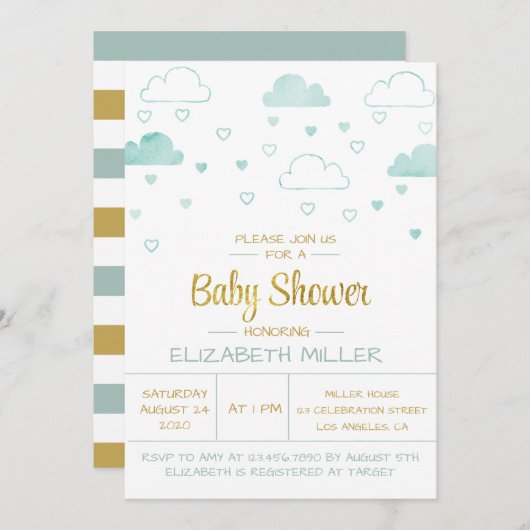Wolken en hart Blauw en gouden Baby shower Kaart (Voorkant / Achterkant)