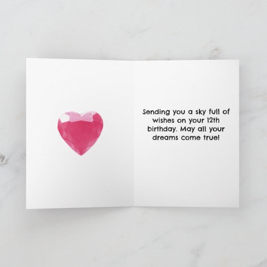 Wolken en Roze Hart Pareltjes 12e Verjaardag Kaart (Binnen)