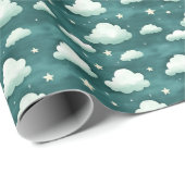 Wolken en sterren op Dark Blauwgroen Cadeaupapier (Rol Hoek)