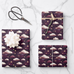 Wolken & Sterren op Donker Paarse Inpakpapier Vel