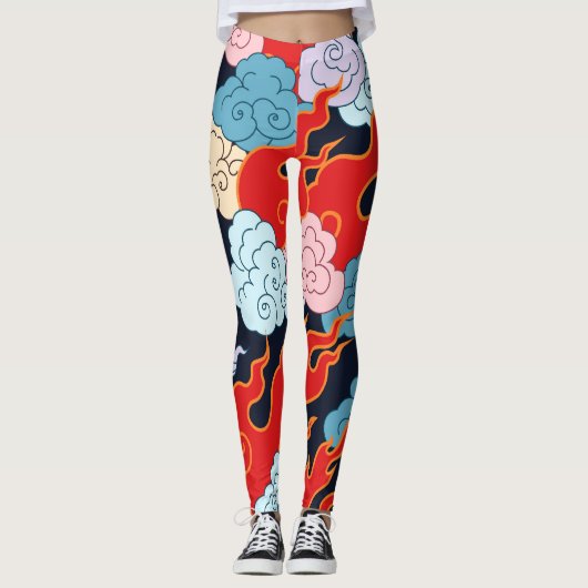 Wolken, vlammen: zwart  patroon. leggings (Voorkant)