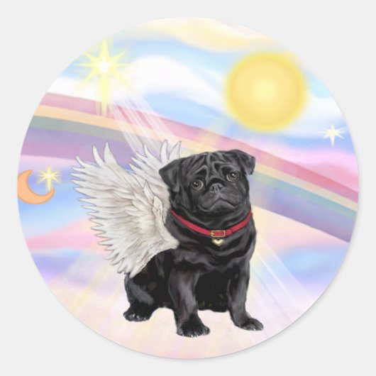 Wolken - Zwarte Pug Engel Ronde Sticker (Voorkant)