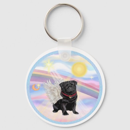 Wolken - Zwarte Pug Engel Sleutelhanger (Voorkant)