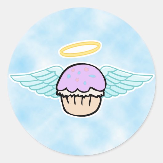 wolkenachtergrond, cupcake engel zonder tekst ronde sticker (Voorkant)