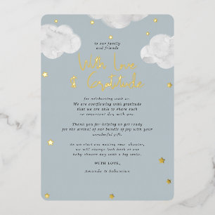 Wolkjes Blauw Grijs Baby Shower Vlak Bedankt Folie Uitnodiging