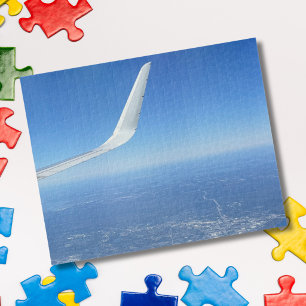 Wolkken onder vliegtuigvleugel Blauwe Lucht Foto L Legpuzzel