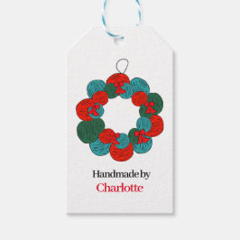 Wollen balletjes pompom kerstkrans handgemaakt cadeaulabel