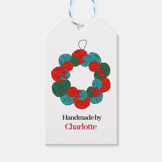 Wollen balletjes pompom kerstkrans handgemaakt cadeaulabel (Voorkant)
