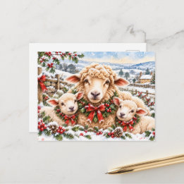 Wollige kerstwensen – Festieve schapen en lammetje Feestdagenkaart