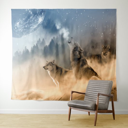 Wolven die naar de maan kijken wandkleed (In Situ (horizontaal))