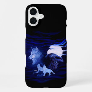 Wolven en raaf bij volle maan iPhone 16 plus hoesje