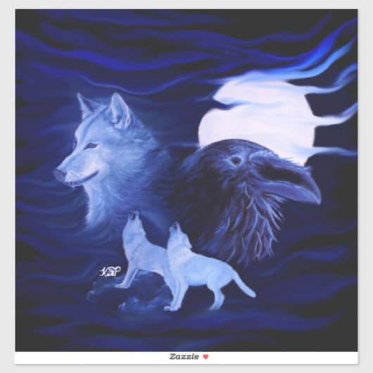 Wolven en raaf bij volle maan sticker (Vel)