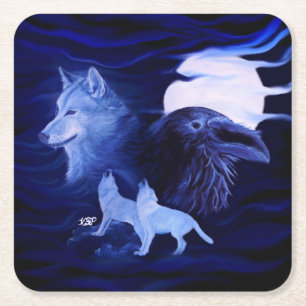 Wolven en Raven met volle maan Kartonnen Onderzetters