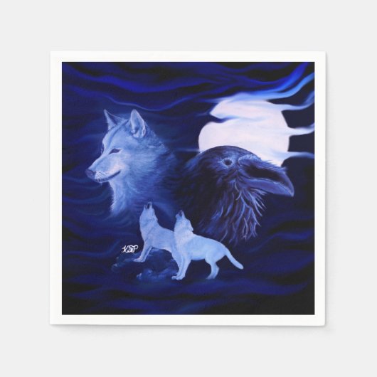 Wolven en Raven met volle maan Servet (Voorkant)