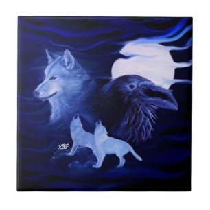 Wolven en Raven met volle maan Tegeltje